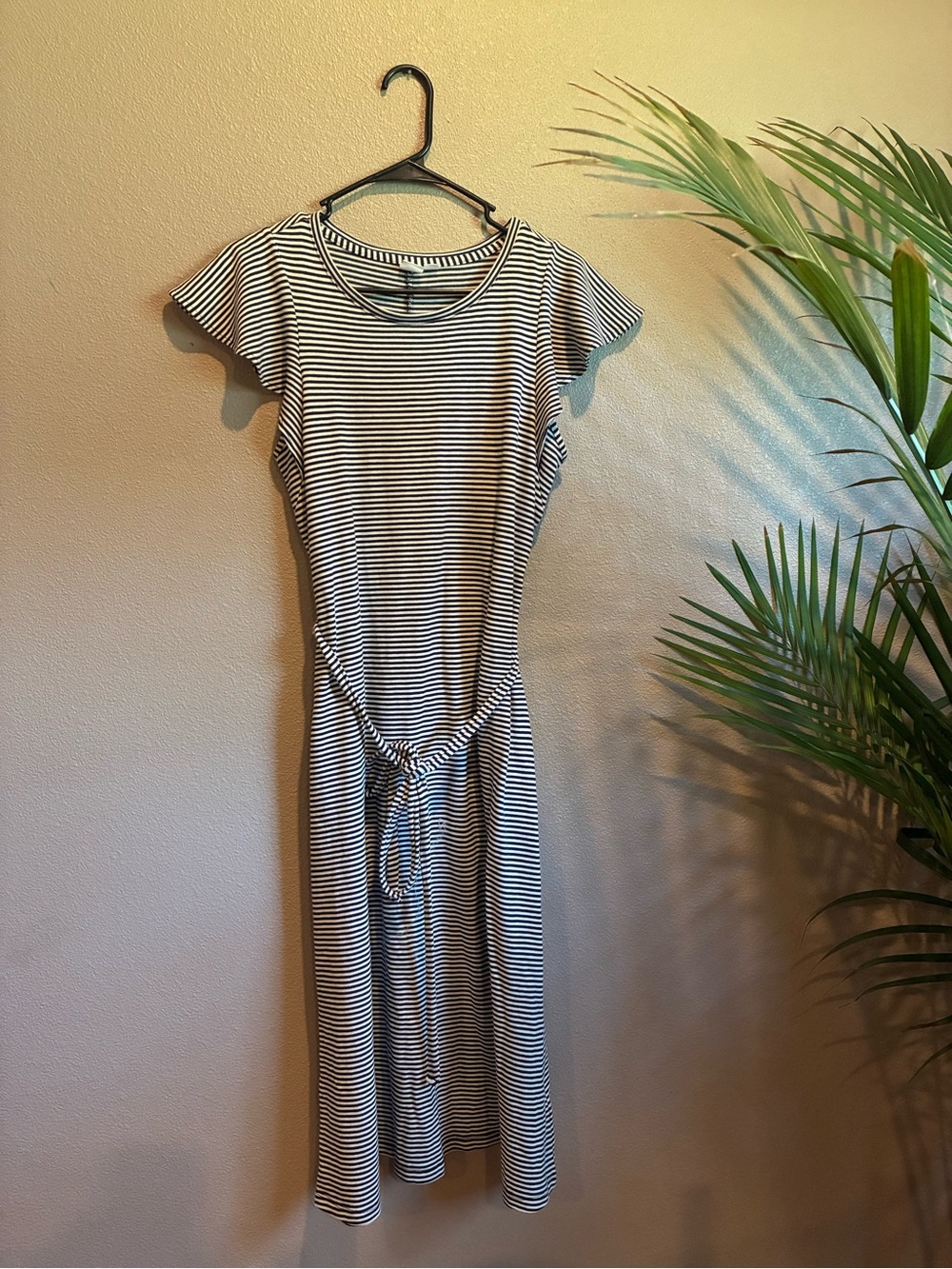 GAP Black and White Striped Tie-Waist Midi Dress